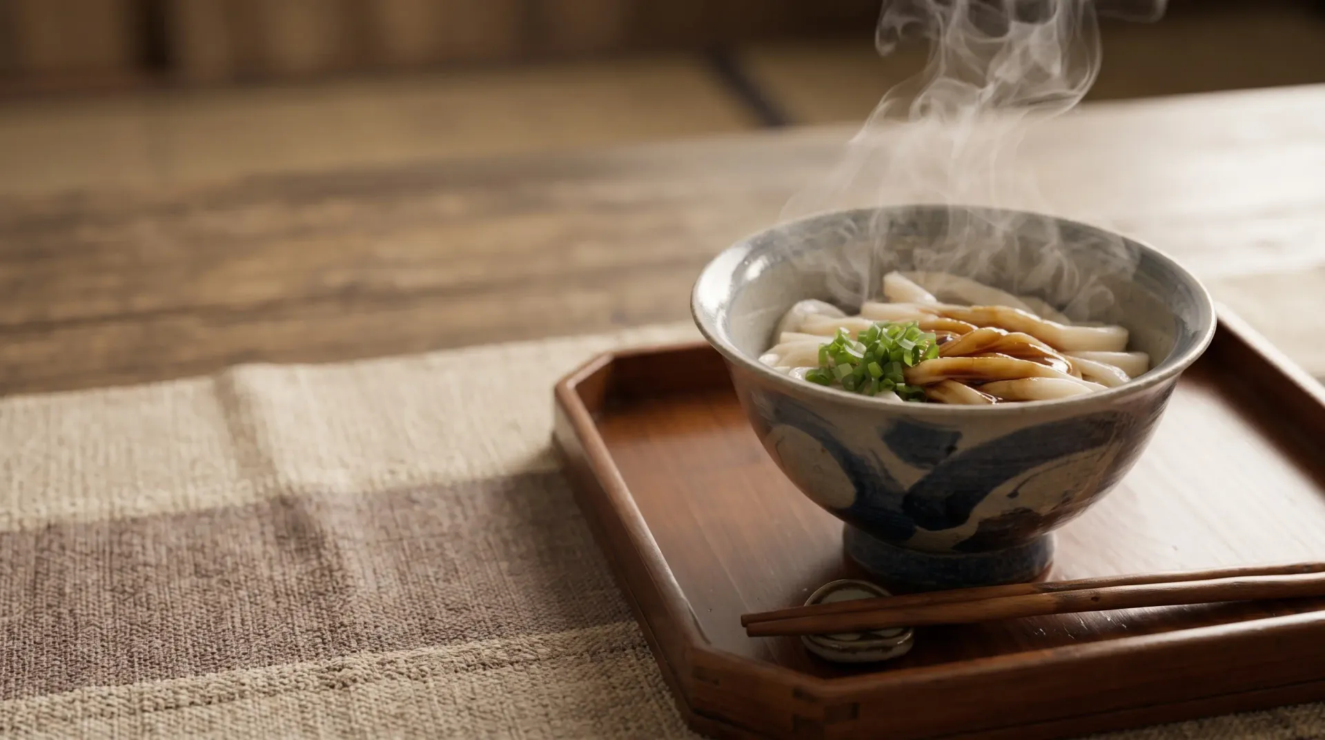 湯気の立つ伊勢うどんを盛った丼。木のお盆に箸を添えた食卓